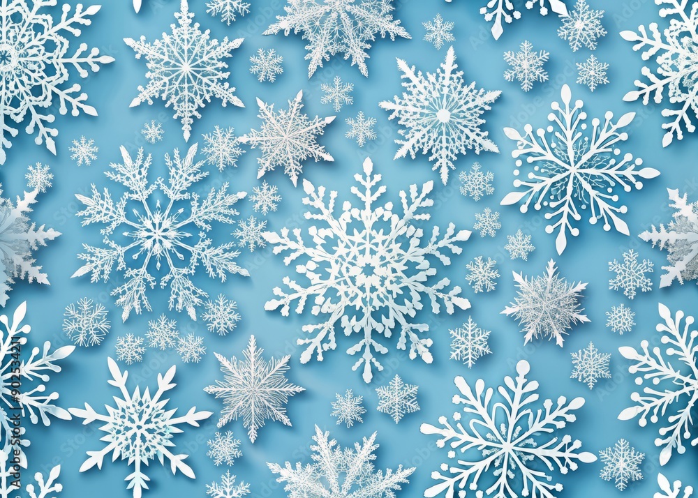 Poster delicate white snowflakes with intricate symmetrical patterns float against a serene plain white or 