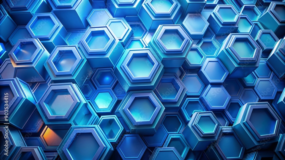 Poster vibrant blue abstract background featuring intricate hexagonal shapes in various sizes, creating a m