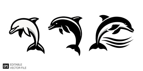 set of dolphine black and white vector clip art silhouette graphic design