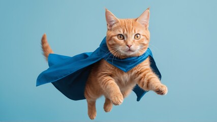 An orange cat in a blue cape is flying gracefully through the air