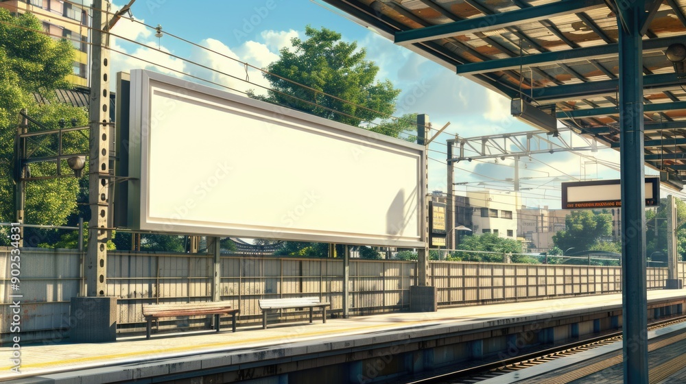 Poster A busy train station with a large billboard on the platform displaying travel information and advertisements