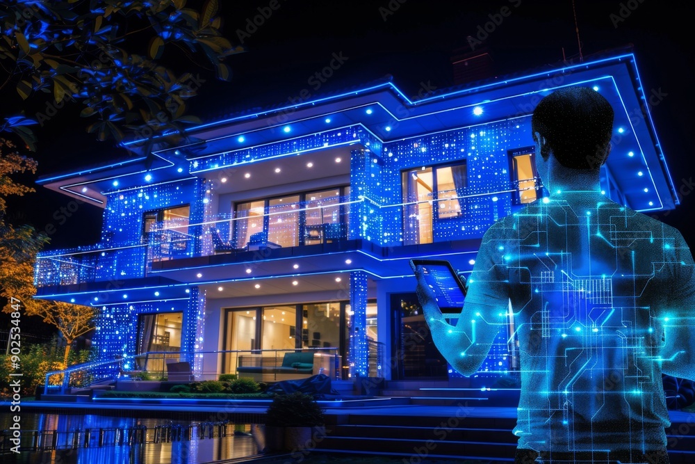Aufkleber digital smart home blueprint with holographic interface concept of advanced technology connectivity 
