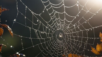A close up image showcasing a spider web adorned with water drops on it