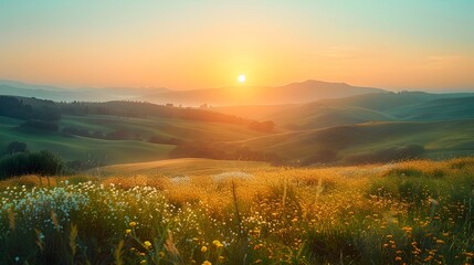 Obraz premium Picturesque Sunrise Over Serene Rolling Hills Embracing the Energy of New Beginnings