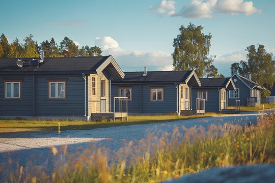 Charming blue cabins lining a serene path, surrounded by vibrant greenery.