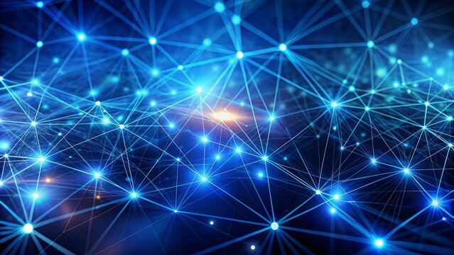 Vibrant blue abstract background features a complex cyber network grid with interconnected particles, representing global data connections and technology infrastructure.