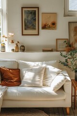 A white couch in a modern living room next to a window