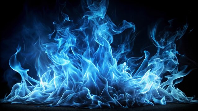 Dynamic blue flames with a mysterious glow emerge from the darkness, creating a striking contrast suitable for powerful visual narratives..Generative AI.