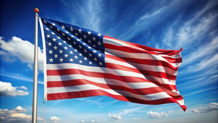 Fototapeta premium Vibrant American flag waving proudly on a calm blue background, symbolizing freedom and patriotism, perfect for US presidential election campaigns and American pride themes.