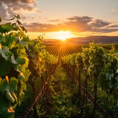 Naklejka premium Sunrise over a Picturesque Vineyard Symbol of New Beginnings and Seasonal Renewal