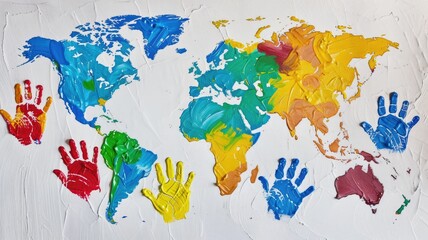 Colorful world map with painted handprints on white background