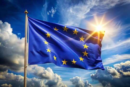 Colorful banner with European Union stars and subtle EU map pattern, waving in the wind, conveying hope, unity, and democratic change in European politics.
