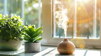 Aromatherapy diffuser releasing vapor beside houseplants on sunny windowsill