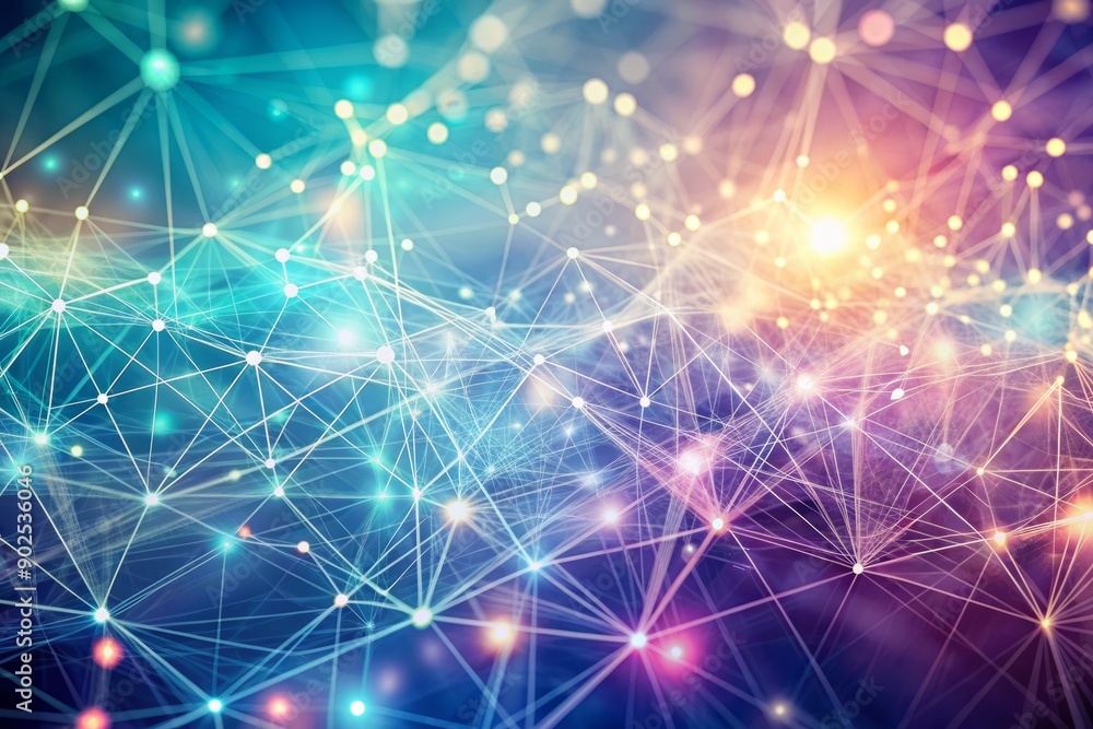 Poster soft, pastel hues of abstract cyberspace backdrop with intricate networks of waving dots and interwo
