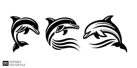 dolphine set black and white vector clip art silhouette graphic design