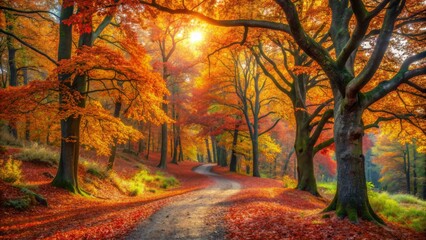 Serene forest landscape featuring a winding dirt path surrounded by vibrant fallen leaves and towering oak trees ablaze with fiery orange and yellow autumn colors.