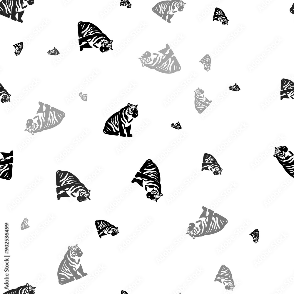 Poster seamless vector pattern with sitting tiger symbols, creating a creative monochrome background with r