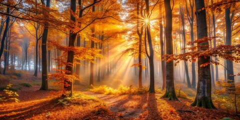 Vibrant orange foliage and golden sun rays illuminate a mystical autumn forest, shrouded in mist, creating a breathtakingly serene and enchanted atmosphere at dusk.