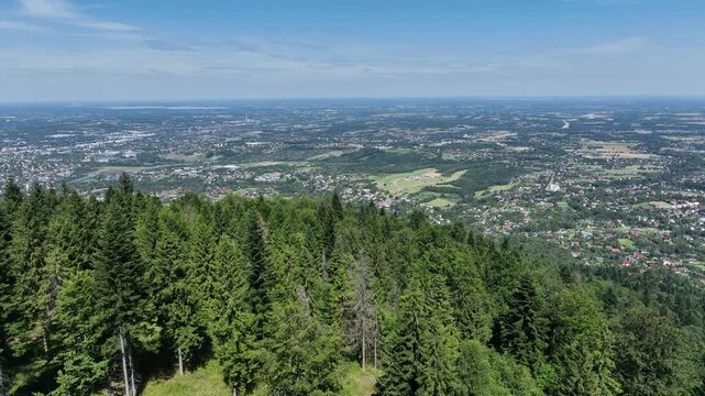Beskid summer mountains panorama. Stunning Aerial Drone View of Summer Green Forests in the Beskid Mountains, Bielsko Biala, Magurka Wilkowicka. 