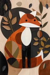 Obraz premium Abstract Geometric Fox Art - Modern Wooden Wall Decor with Earthy Tones and Leaf Motifs - Contemporary Animal Illustration for Home or Office Decoration