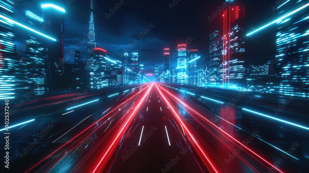 Poster 3d rendering view of highway in city high speed motion blur. ai generated image