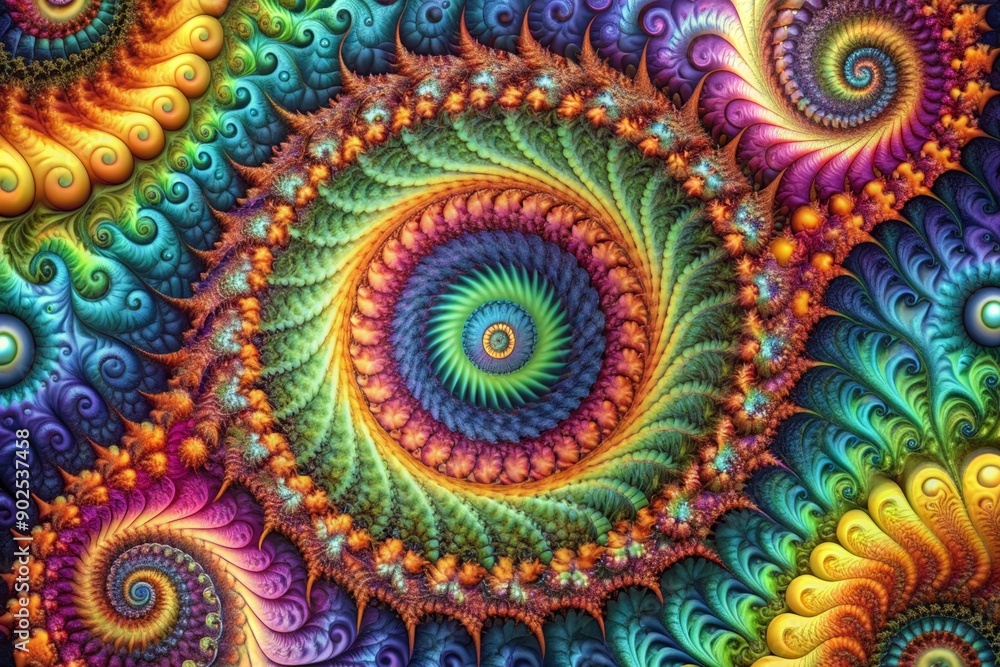 Poster vibrant swirling fractals blend harmoniously into an endless repeating pattern, creating a mesmerizi