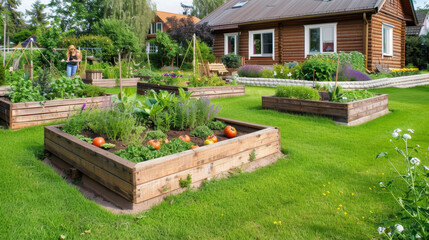 A person harvests ripe tomatoes and herbs in a charming home garden with raised beds full of blooming flowers and fresh vegetables, exuding tranquility and abundance.