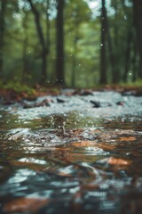 Raindrops Falling on Forest Stream with Autumn Leaves in Serene Woodland