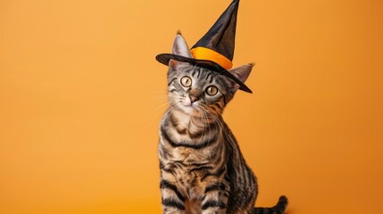 Obraz premium happy cheerful Bengal cat wearing witch pointed hat set against orange background
