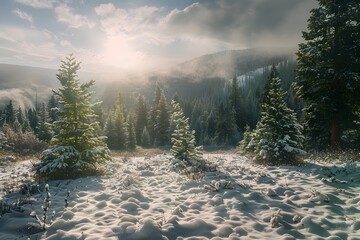 Fototapeta premium Snowy forest landscape illuminated by morning sunlight.