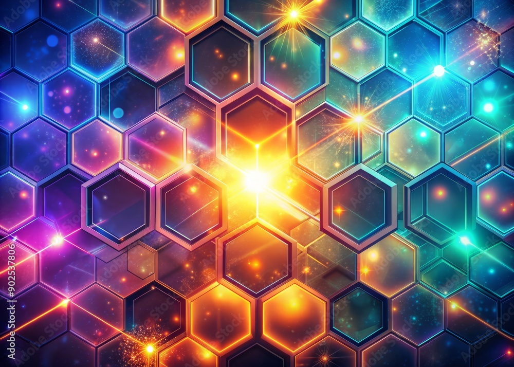 Poster vibrant abstract background featuring a mesmerizing hexagon pattern illuminated by soft, glowing lig