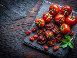 Dark stone table arranging sun-dried whole tomatoes, evoking traditional Balkan and Mediterranean snack culture, with ample space for text overlay for promotional use.