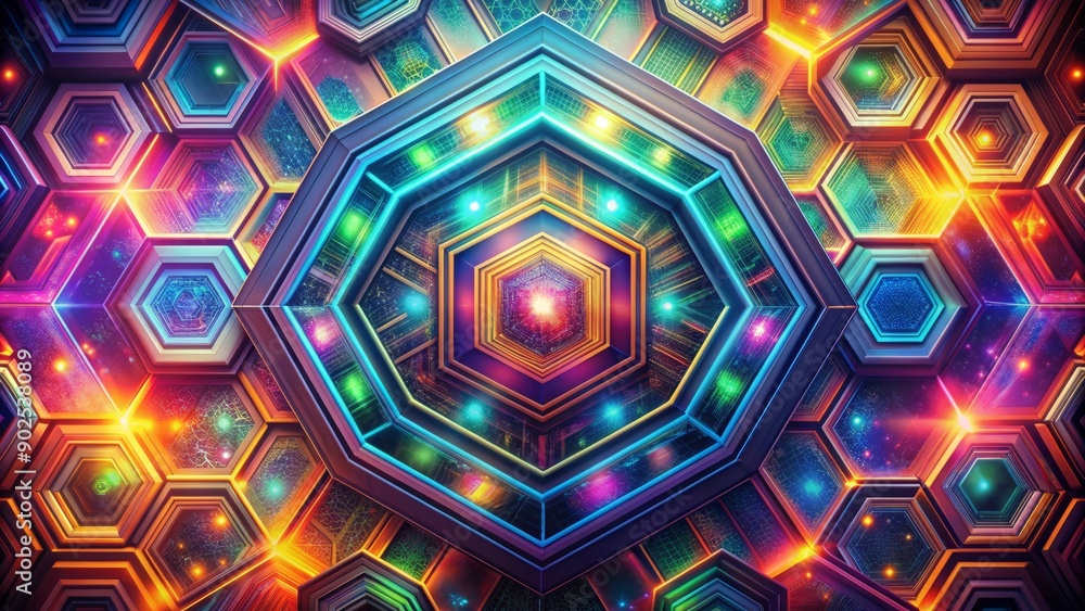 Poster vibrant abstract background featuring intricate hexagonal pattern with shifting colors and mesmerizi