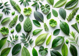 Softly blended green leaves in various shapes and sizes sprawl across a crisp white background, evoking a sense of serenity and connection to nature's beauty.