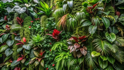 Obraz premium Lush tropical foliage featuring dark green anthurium, epiphytes, and ferns forms a stunning plant wall design in a misty cloud forest environment.