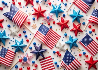 Obraz premium Vibrant American flag decorations scattered on a white background, featuring stars, stripes, and patriotic elements, perfect for celebrating Independence Day in a festive flat lay composition.