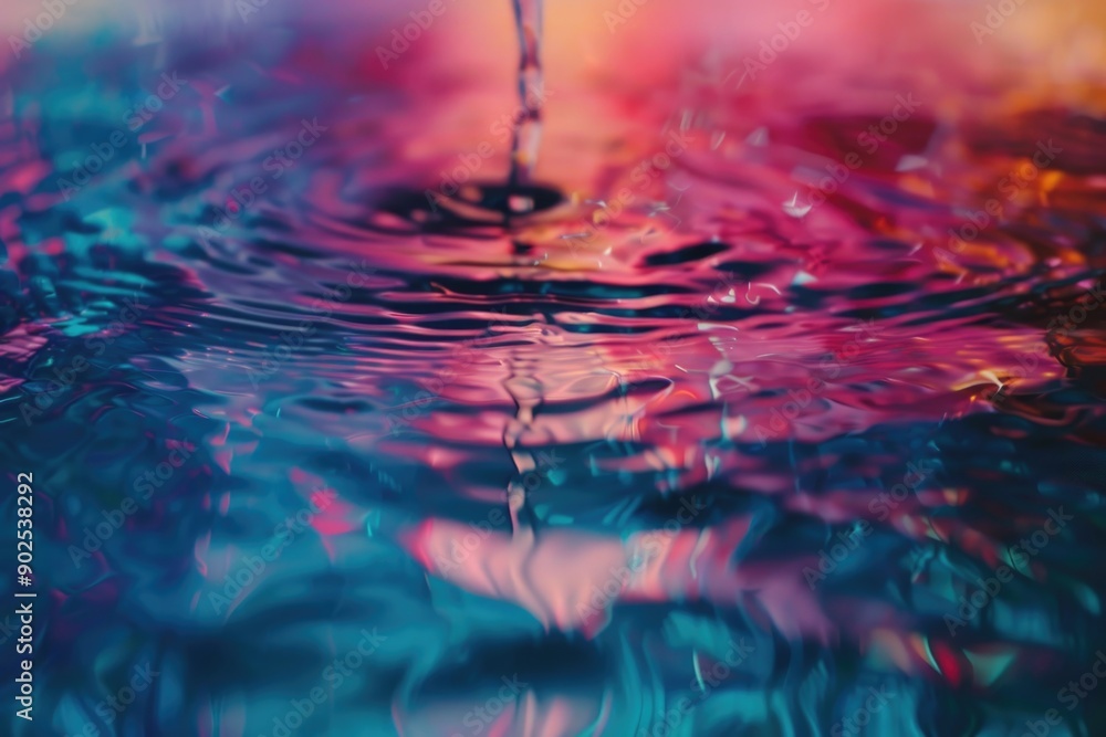 Poster a close-up of a single water droplet sitting on the surface of a pool