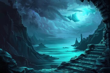Naklejka premium Mystical moonlit seascape with ruined castle and stone archway