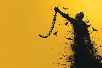 hand breaking free from chains. Chain turns to birds. 3D Rendering