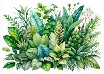 Fototapeta premium Vibrant watercolor illustration of lush green foliage plants on white background, perfect for wedding invitations, greeting cards, frames, and bouquets, evoking spring and summer botanical charm.