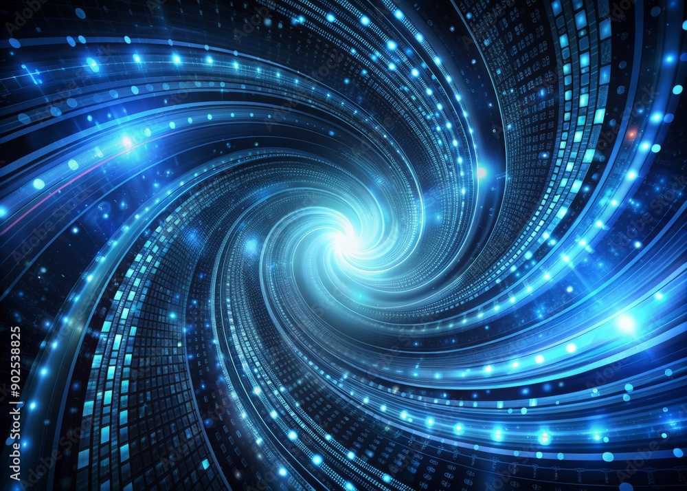 Poster dark blue and black binary code streams swirl in a futuristic abstract background, evoking a sense o