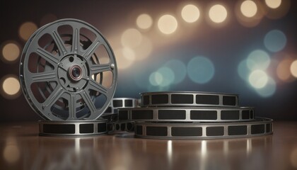 Old cinema film reels with bokeh background, wall paper design, illustration