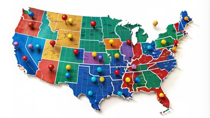 Vibrant detailed map of the United States highlighting crucial election areas, counties, and districts with colorful pins and annotations for in-depth political analysis.