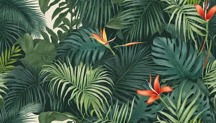 Tropical retro wallpaper in watercolor style, illustration