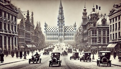 Obraz premium Vintage Snowy Street Scene in 1920s Brussels with Classic Cars and Grand Place 