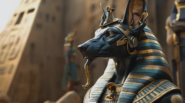 Anubis is a deity of Ancient Egypt with the head of a jackal and the body of a man, a guide of the dead to the afterlife. Close-up of an ancient Egyptian Anubis statue adorned with hieroglyphs.