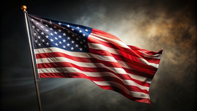 Patriotic American flag waving proudly on a dark background with blank space for text overlay, symbolizing freedom and hope in a bold and striking composition.