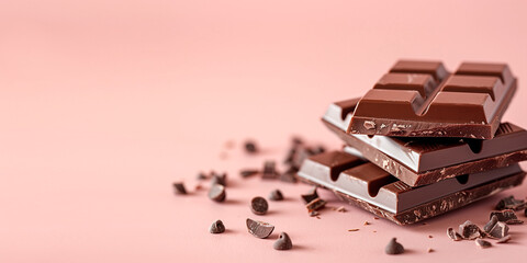 Dark chocolate bars are stacked on top of each other, pink background, front view, empty space for text.