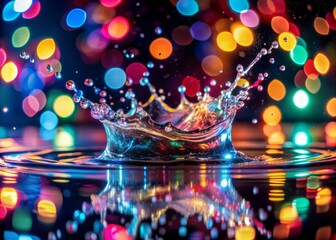 Obraz premium Vibrant abstract water splash against a dark background, bursting with colorful droplets, radiant bokeh lights, and dynamic ripples, evoking a sense of energetic fluidity.