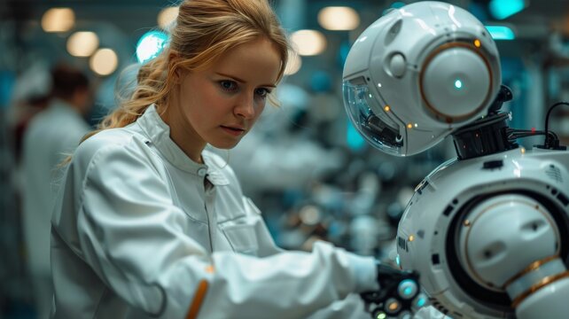  A diverse team of engineers working on a robot in a high-tech lab. Generative AI